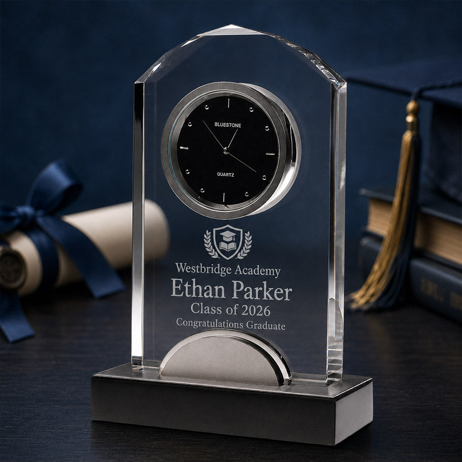 Personalized crystal desk clock with silver metal accent, black base, Westbridge Academy crest, Ethan Parker name, and Class of 2026 message -- lxi-context:graduation