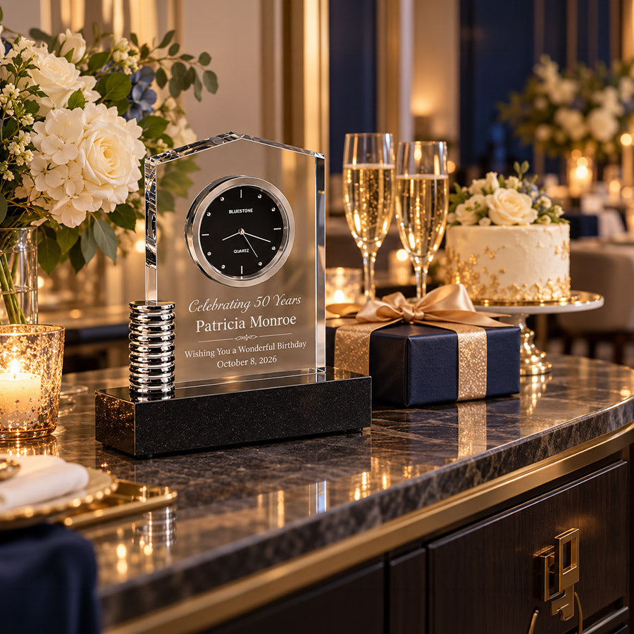 Personalized crystal desk clock engraved with Celebrating 50 Years, Patricia Monroe, birthday message, and October 8, 2026, displayed on an elegant party table with flowers, champagne, cake, candlelight, and wrapped gift -- lxi-context:birthday