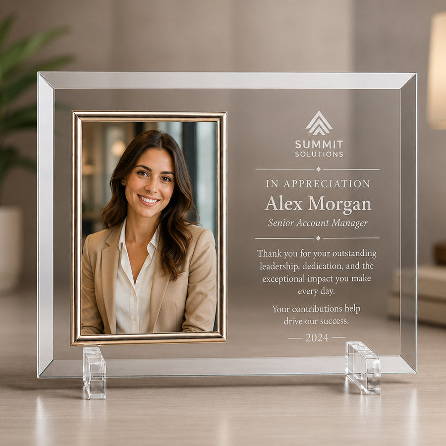 Personalized glass photo frame with corporate portrait, Summit Solutions logo, Alex Morgan name, and appreciation message -- lxi-context:corporate
