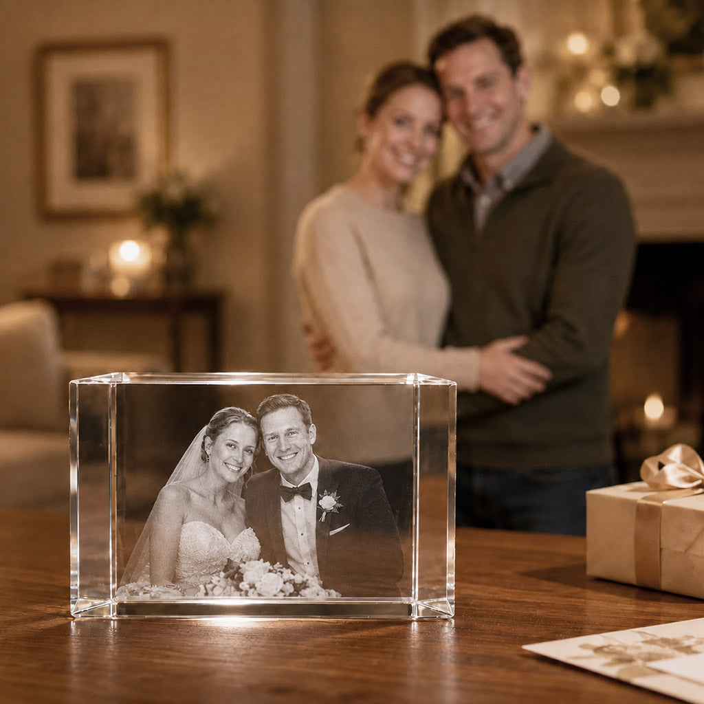 Wedding crystal photo keepsake block featuring an engraved bride and groom portrait, displayed on a wooden table in a warm cozy home setting with the same couple softly blurred in the background, candles and gift box nearby