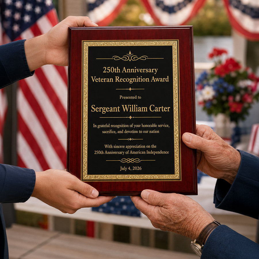 Personalized wood plaque with black and gold veteran recognition award design for the 250th anniversary of American Independence -- lxi-context:4th-of-july