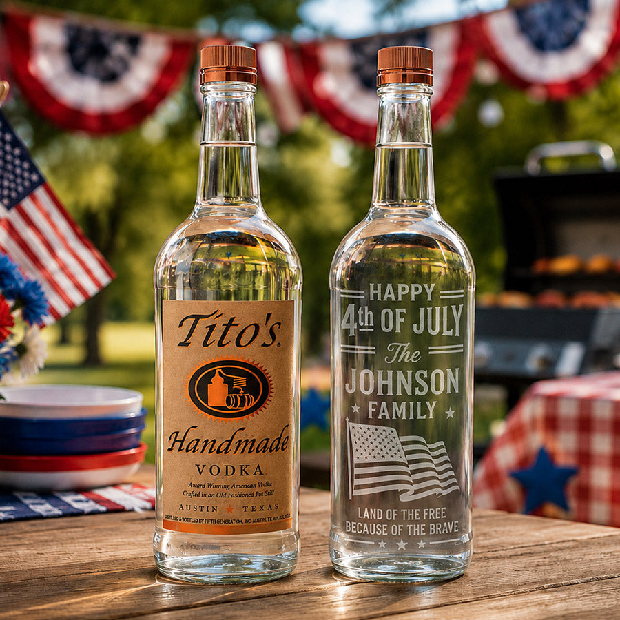 Personalized engraved Tito's vodka bottle with custom 4th of July Johnson family design, shown beside the original bottle at a patriotic backyard barbecue -- lxi-context:4th-of-july
