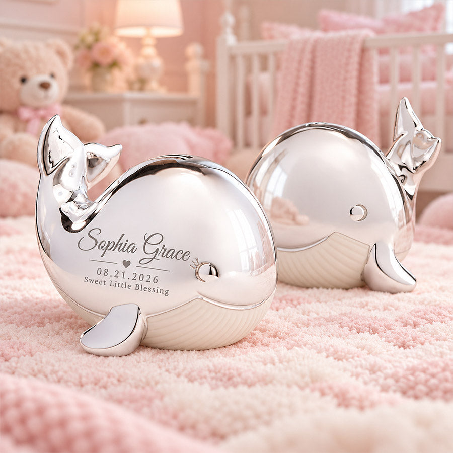 Personalized silver whale keepsake pair with engraved Sophia Grace name, birth date, and Sweet Little Blessing message in a pink nursery setting -- lxi-context:for-baby -- lxi-context:new-baby