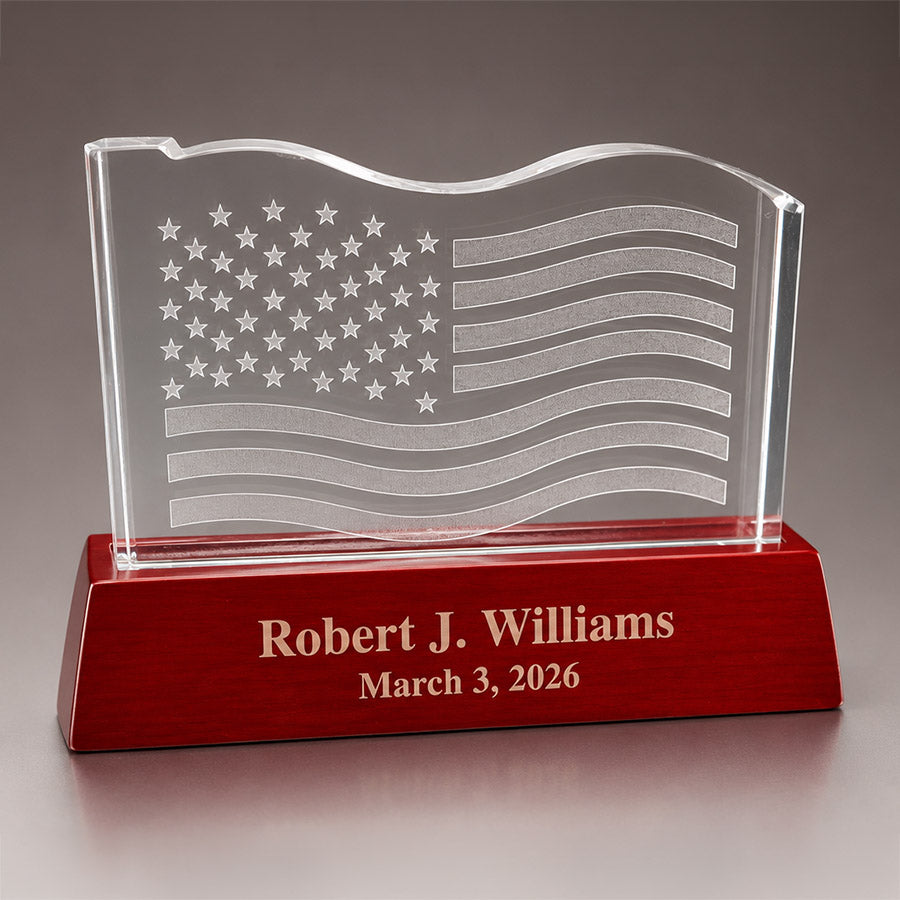 Wavy 3D Crystal American Flag with Wooden Base