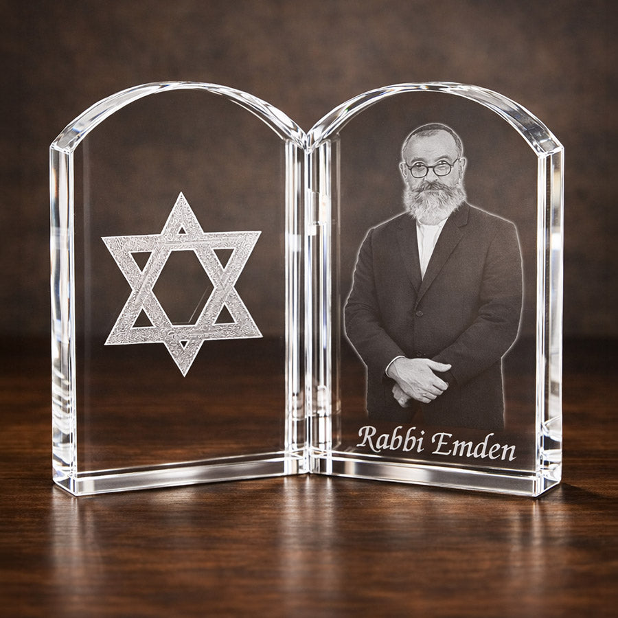 Personalized crystal book keepsake with engraved Star of David, rabbi portrait, and custom name -- lxi-context:faith