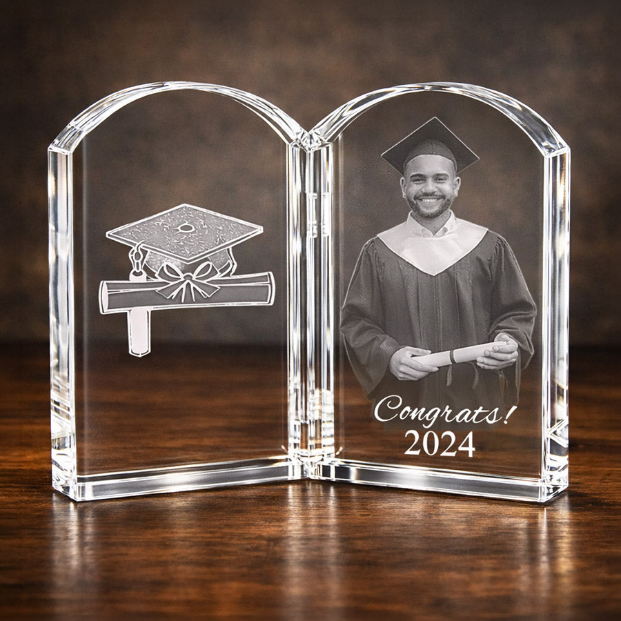 Personalized crystal book keepsake with engraved graduation cap and diploma design, graduate portrait, and Congrats! 2024 message