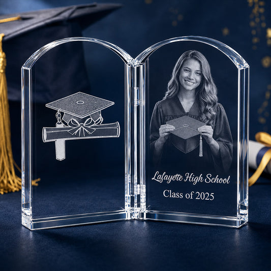 Personalized crystal graduation book keepsake with engraved graduate portrait, diploma and cap icon, and Lafayette High School Class of 2025 text -- lxi-context:graduation