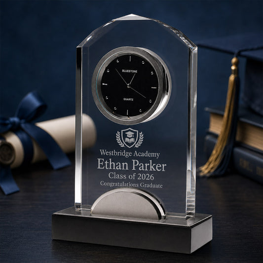 Personalized crystal desk clock with silver metal accent, black base, Westbridge Academy crest, Ethan Parker name, and Class of 2026 message -- lxi-context:graduation