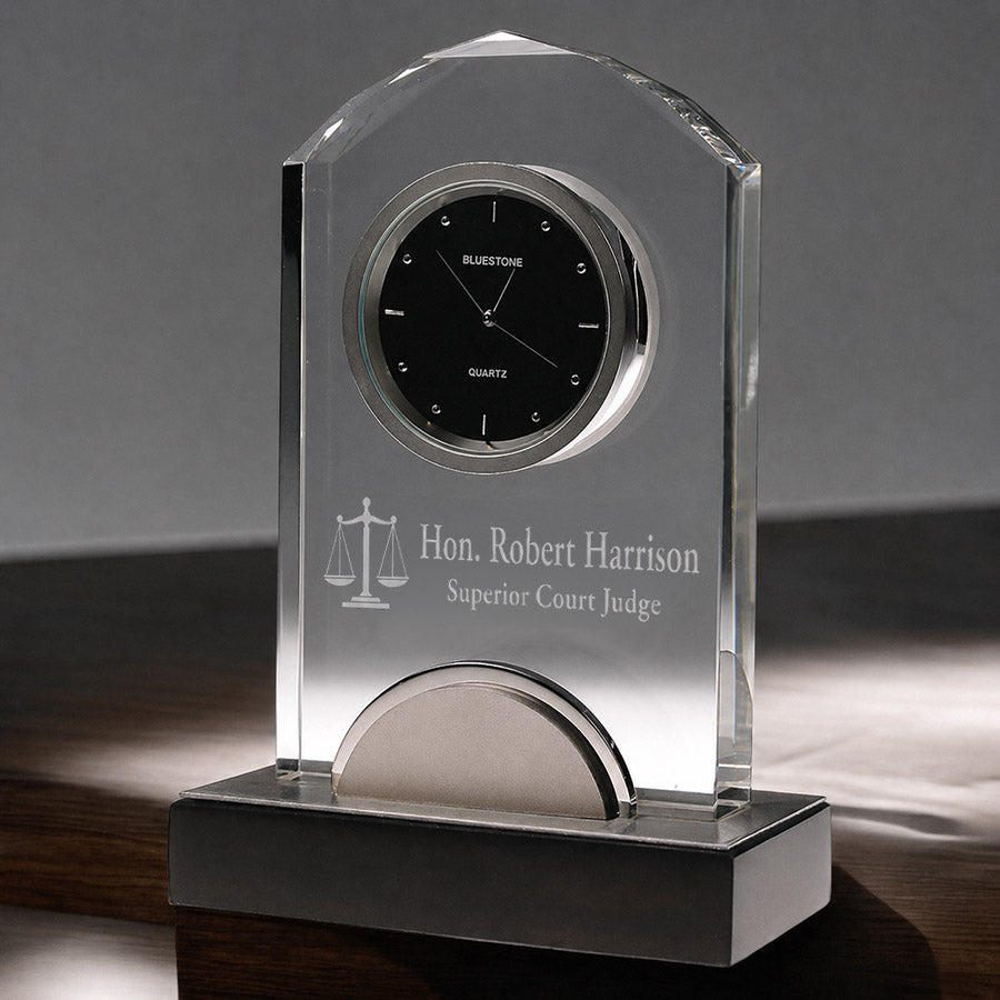 Personalized crystal desk clock with silver metal accent, black base, scales of justice icon, judge name, and Superior Court Judge title