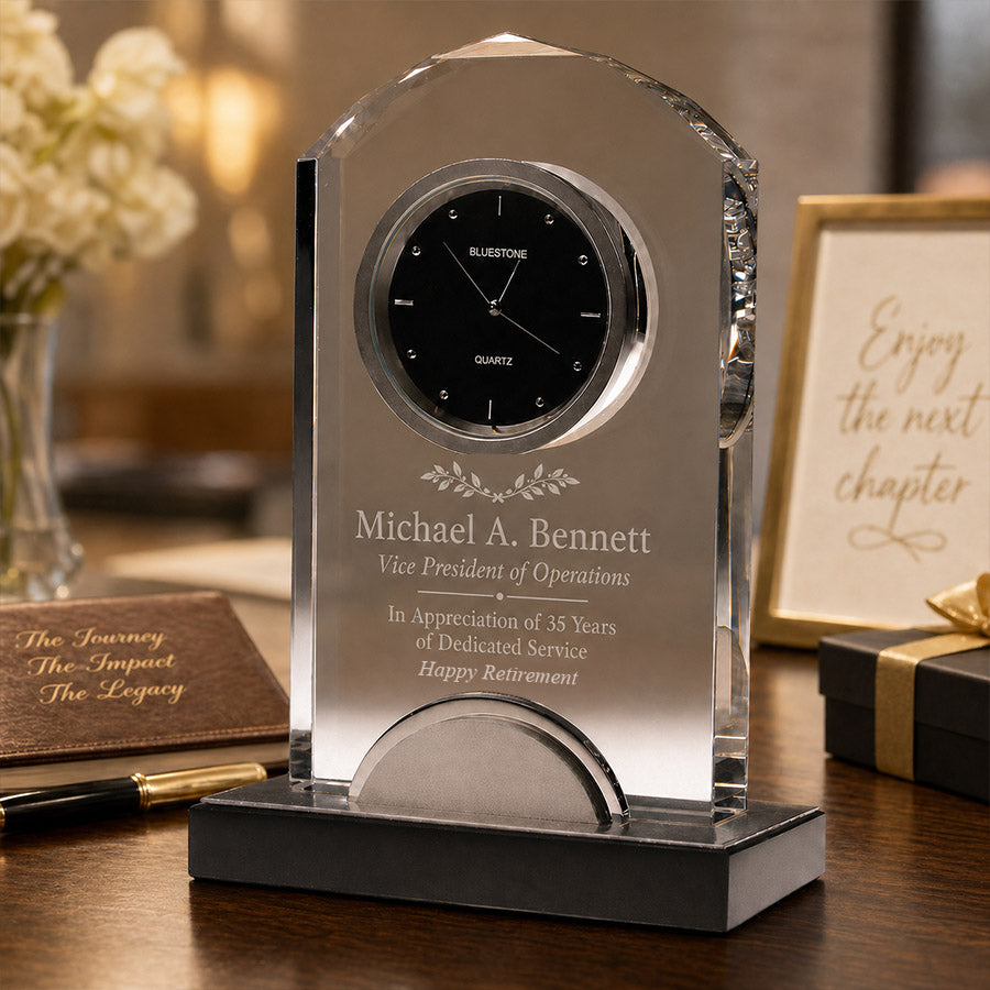Personalized crystal desk clock with silver metal accent, black base, Michael A. Bennett name, and retirement service message -- lxi-context:retirement