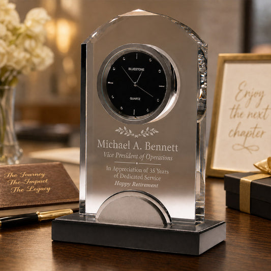 Personalized crystal desk clock with silver metal accent, black base, Michael A. Bennett name, and retirement service message -- lxi-context:retirement