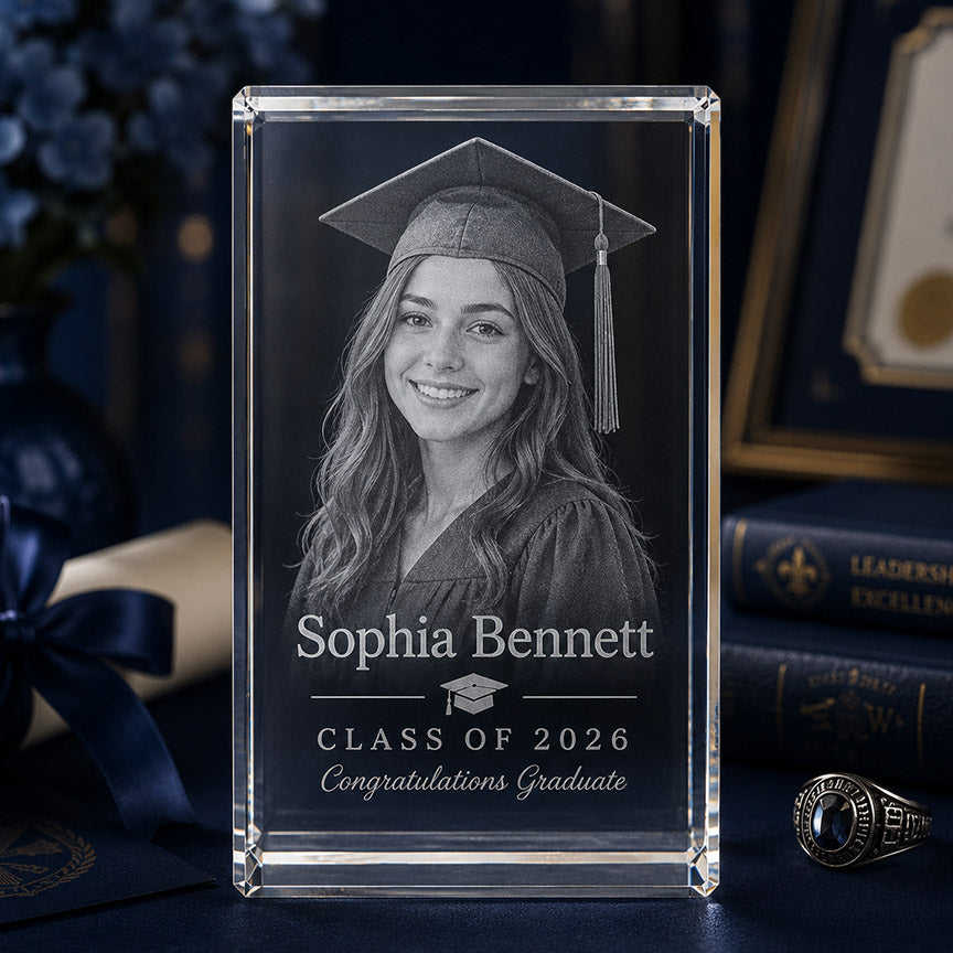 Personalized crystal rectangle keepsake with engraved graduate portrait, Sophia Bennett name, and Class of 2026 message -- lxi-context:graduation