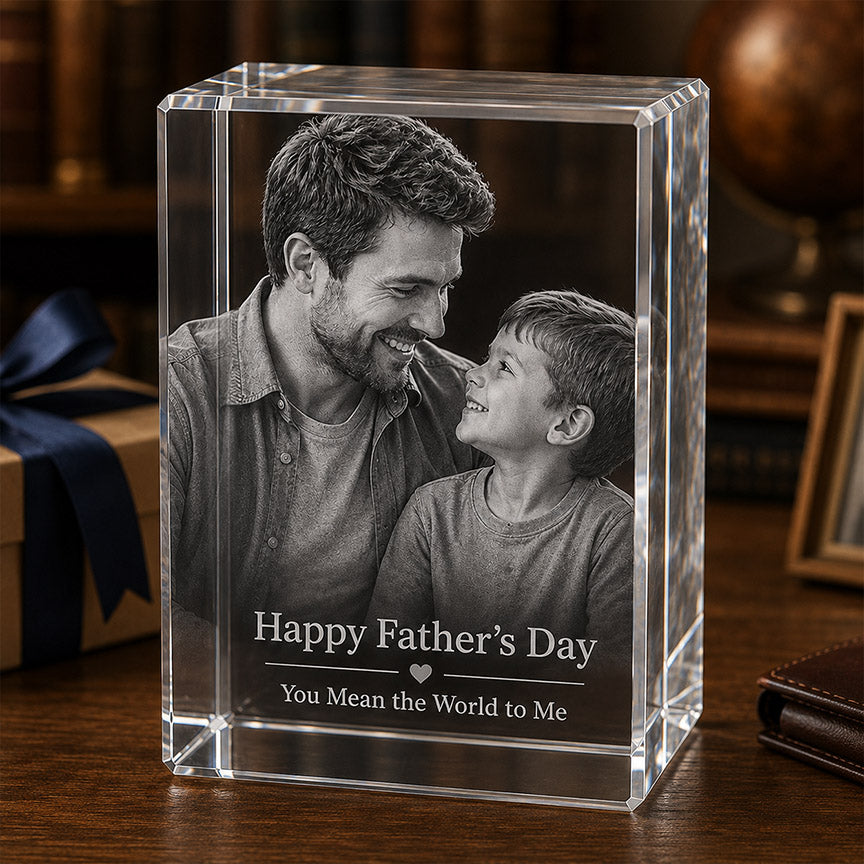 Personalized crystal photo block with engraved father and son portrait and Happy Father’s Day message -- lxi-context:fathers-day