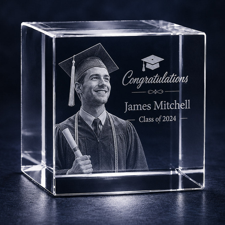 Personalized crystal photo block with engraved graduate portrait, James Mitchell name, congratulations message, and Class of 2024 text -- lxi-context:graduation