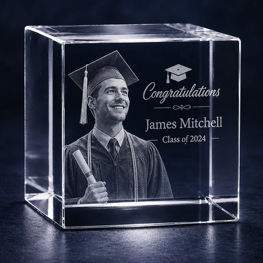 Personalized crystal photo block with engraved graduate portrait, James Mitchell name, congratulations message, and Class of 2024 text -- lxi-context:graduation