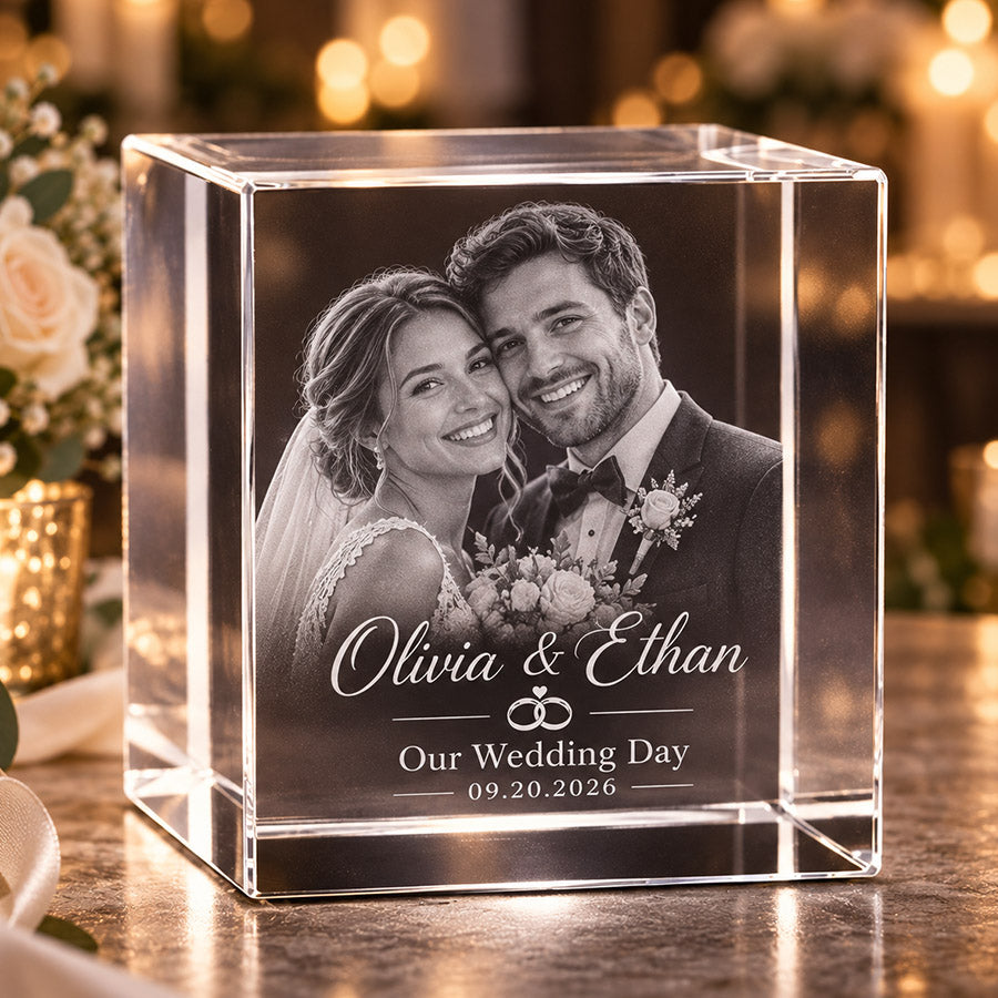 Personalized crystal photo block with engraved bride and groom portrait, Olivia and Ethan names, wedding day message, and 09.20.2026 date -- lxi-context:wedding