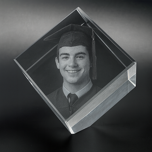 Personalized crystal photo block with 3D engraved graduate portrait and graduation cap in a diamond display view -- lxi-context:graduation