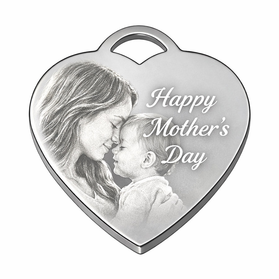 Personalized heart-shaped dog tag pendant with engraved mother and child portrait and Happy Mother’s Day message -- lxi-context:mothers-day