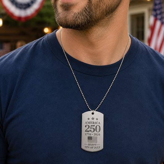 Personalized silver dog tag pendant with America 250, 1776 to 2026, and Happy 4th of July engraving -- lxi-context:4th-of-july