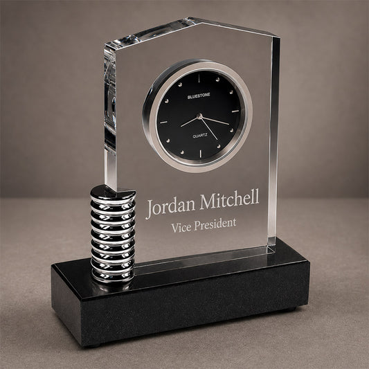 Personalized crystal desk clock with metal accent, black base, engraved Jordan Mitchell name, and Vice President title -- lxi-context:corporate