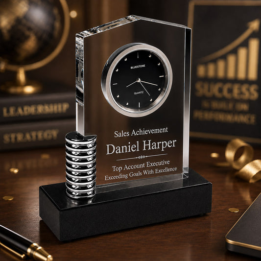 Personalized crystal desk clock with metal accent, black base, Sales Achievement title, Daniel Harper name, and account executive message -- lxi-context:sales-achievement