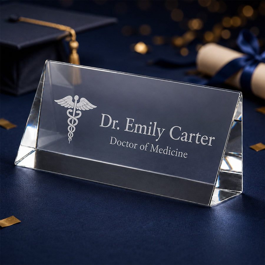 Personalized crystal nameplate with engraved medical symbol, Dr. Emily Carter name, and Doctor of Medicine title -- lxi-context:graduation