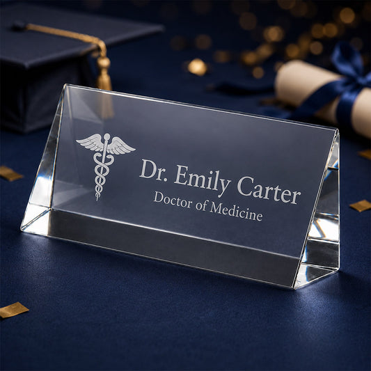 Personalized crystal nameplate with engraved medical symbol, Dr. Emily Carter name, and Doctor of Medicine title -- lxi-context:graduation