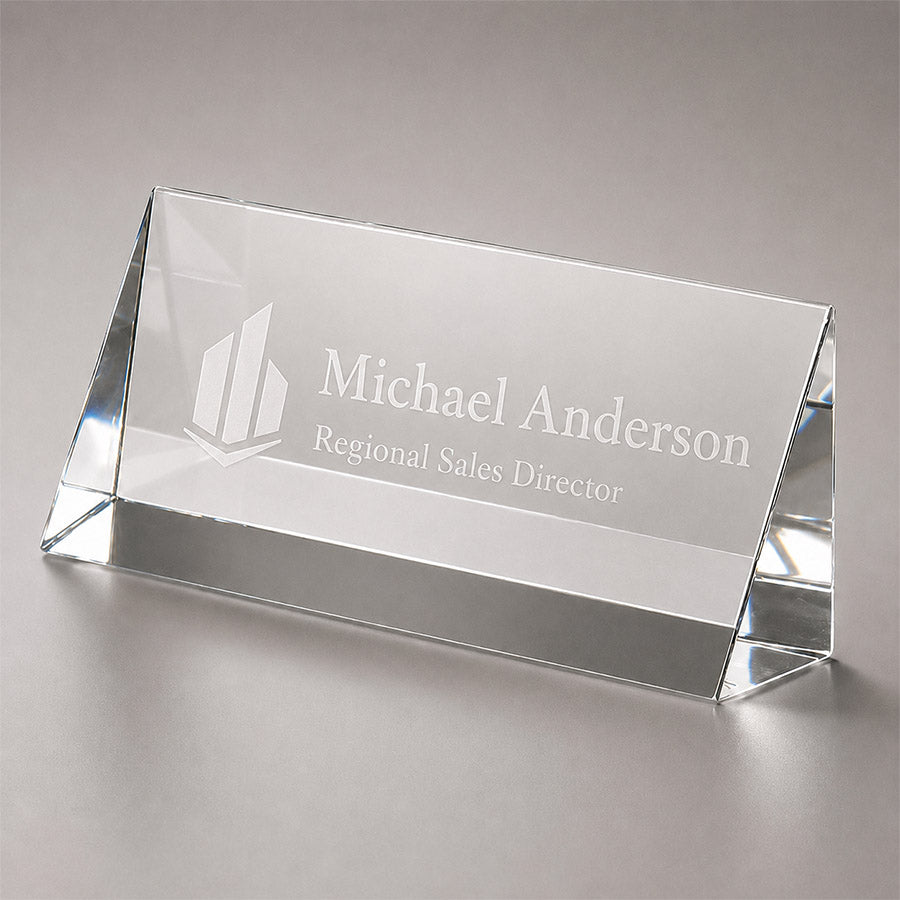 Personalized crystal nameplate with engraved company logo, Michael Anderson name, and Regional Sales Director title -- lxi-context:corporate