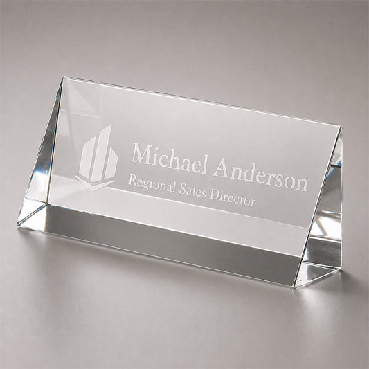 Personalized crystal nameplate with engraved company logo, Michael Anderson name, and Regional Sales Director title -- lxi-context:corporate