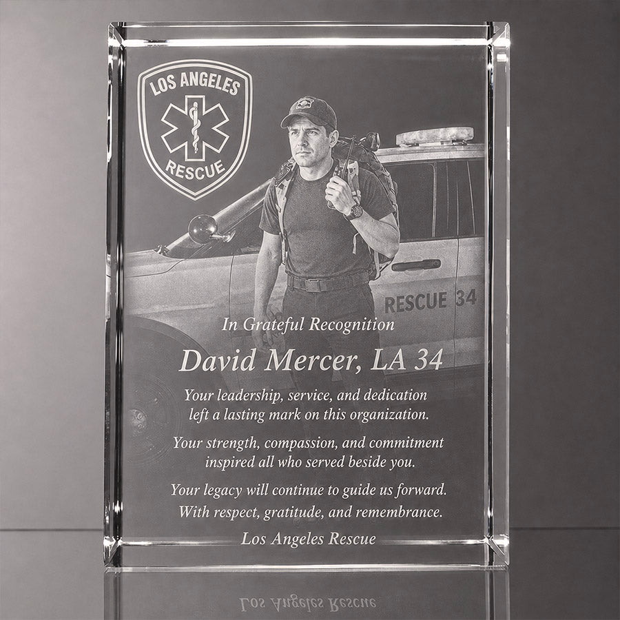 Personalized crystal recognition plaque with engraved Los Angeles Rescue emblem, responder photo, David Mercer name, and gratitude message