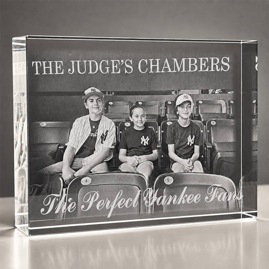 Personalized crystal photo block with engraved baseball fan photo, The Judge’s Chambers text, and The Perfect Yankee Fans message