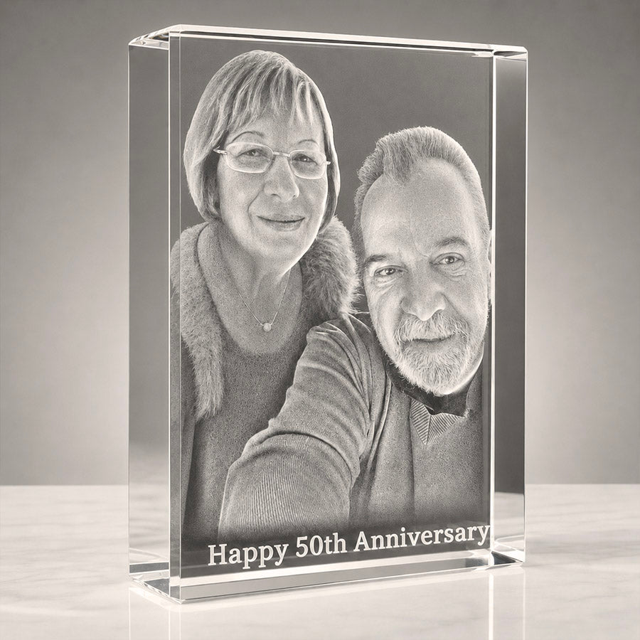 Personalized crystal photo block with engraved couple portrait and Happy 50th Anniversary message
