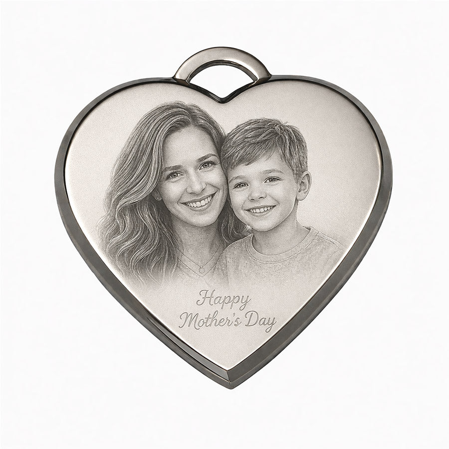 Personalized silver heart-shaped dog tag pendant with engraved mother and child portrait and Happy Mother’s Day message -- lxi-context:mothers-day