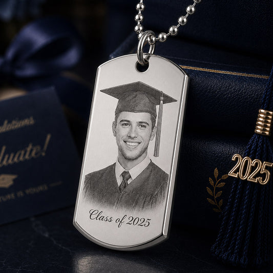 Personalized silver dog tag pendant with engraved graduate portrait and Class of 2025 message in a graduation-themed display -- lxi-context:graduation