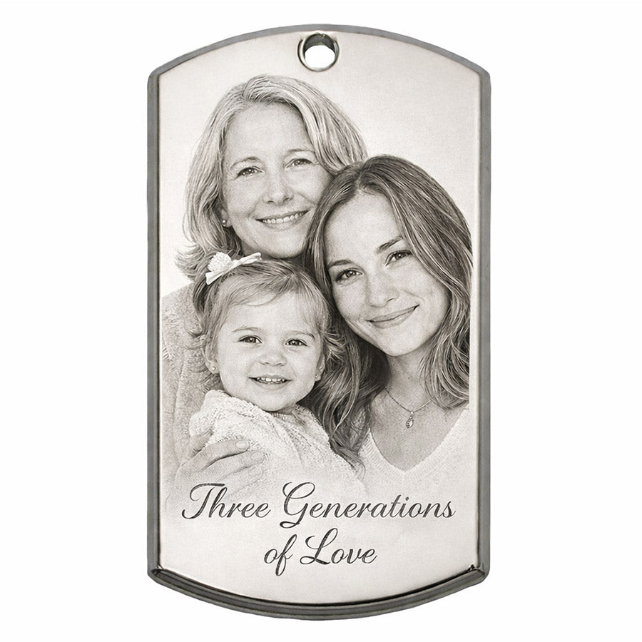 Personalized rectangular dog tag pendant with engraved three generation family portrait and Three Generations of Love message -- lxi-context:mothers-day