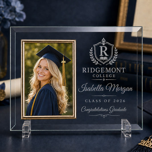 Personalized glass photo frame with graduate picture, Ridgemont College crest, Isabella Morgan name, and Class of 2026 message -- lxi-context:graduation