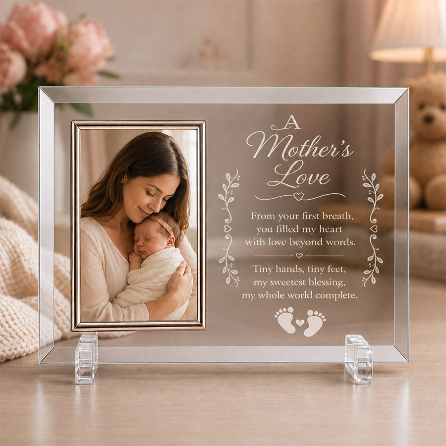 Personalized glass photo frame with mother and newborn picture and engraved A Mother’s Love poem