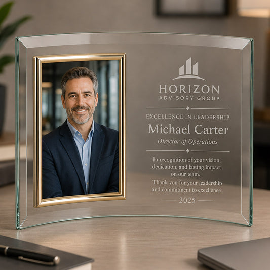 Personalized curved glass photo frame with corporate portrait, Horizon Advisory Group logo, Michael Carter name, and leadership recognition message -- lxi-context:corporate