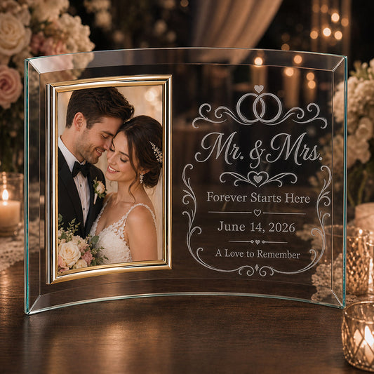 Curved glass wedding photo frame with bride and groom picture, engraved Mr. and Mrs. design, wedding date, and romantic candlelit display -- lxi-context:wedding