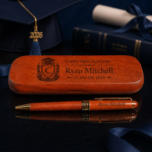 Personalized rosewood pen and matching box with engraved Crestview Academy crest, Ryan Mitchell name, and Class of 2026 design -- lxi-context:graduation
