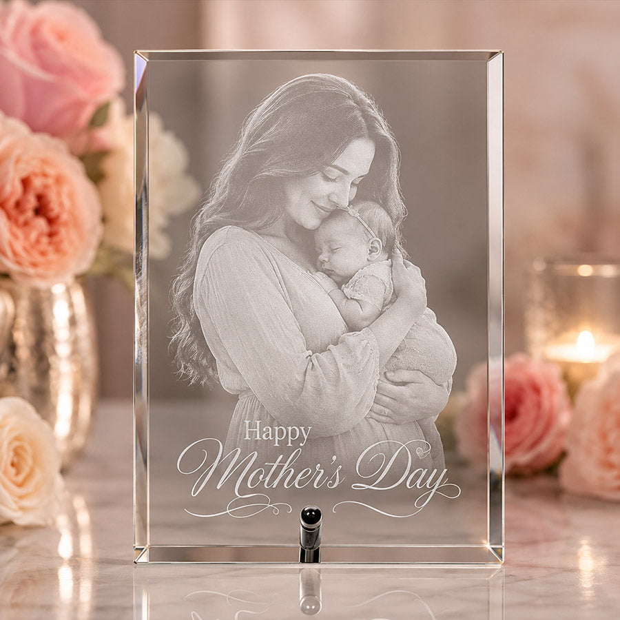 Personalized vertical glass photo plaque with engraved mother and baby portrait and Happy Mother’s Day message -- lxi-context:mothers-day
