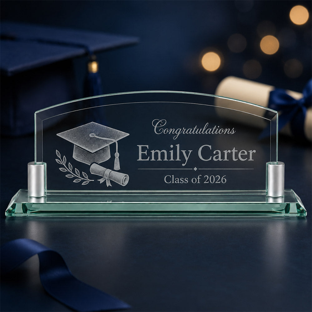 Personalized curved glass nameplate with engraved graduation cap, diploma design, Emily Carter name, and Class of 2026 message -- lxi-context:graduation