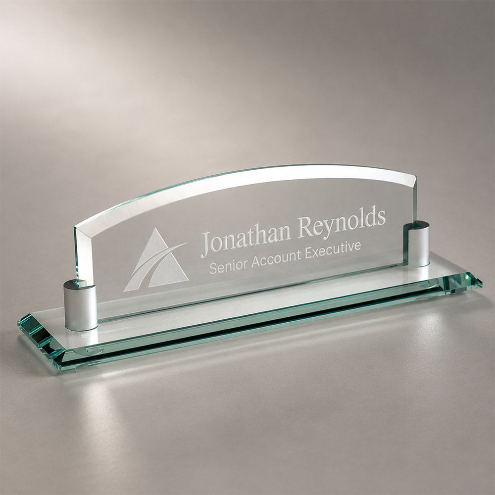 Personalized curved glass nameplate with engraved company logo, Jonathan Reynolds name, and Senior Account Executive title -- lxi-context:corporate