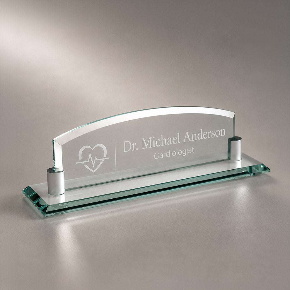 Personalized curved glass nameplate with engraved heart medical icon, Dr. Michael Anderson name, and Cardiologist title