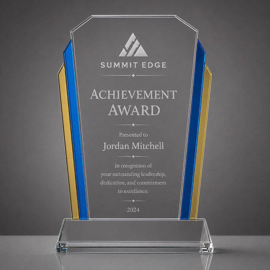 Personalized crystal achievement award with blue and gold accents, Summit Edge logo, Jordan Mitchell name, and recognition message -- lxi-context:sales-achievement