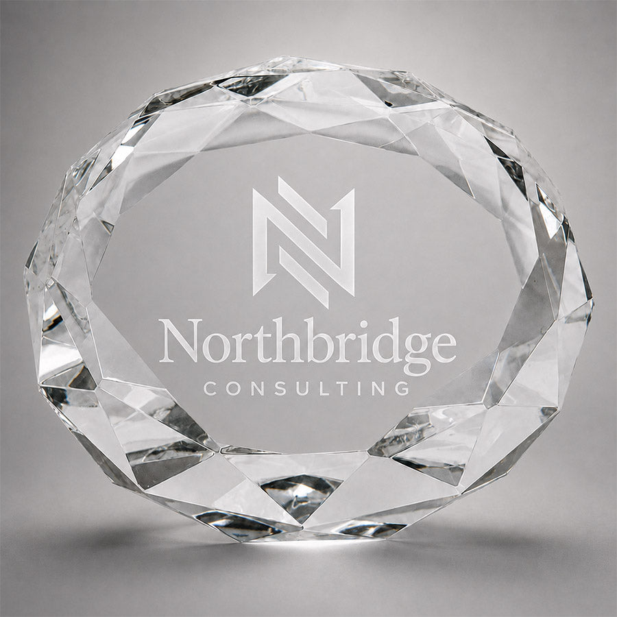 Personalized faceted crystal paperweight with engraved Northbridge Consulting logo and company name -- lxi-context:corporate