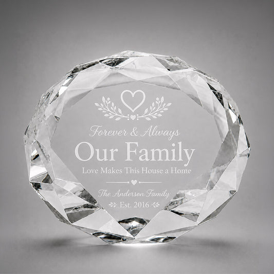 Personalized faceted crystal paperweight with engraved Our Family message, family name, heart accents, and established date -- lxi-context:house-warming