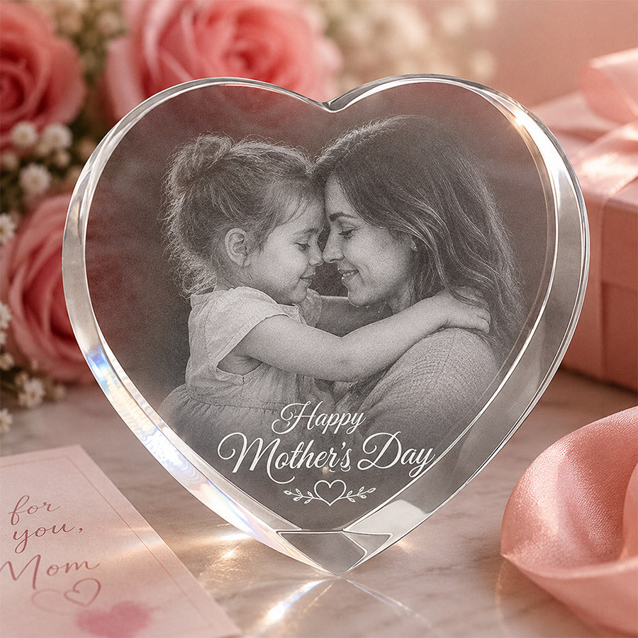 Personalized heart-shaped crystal keepsake with engraved mother and daughter photo and Happy Mother’s Day message -- lxi-context:mothers-day