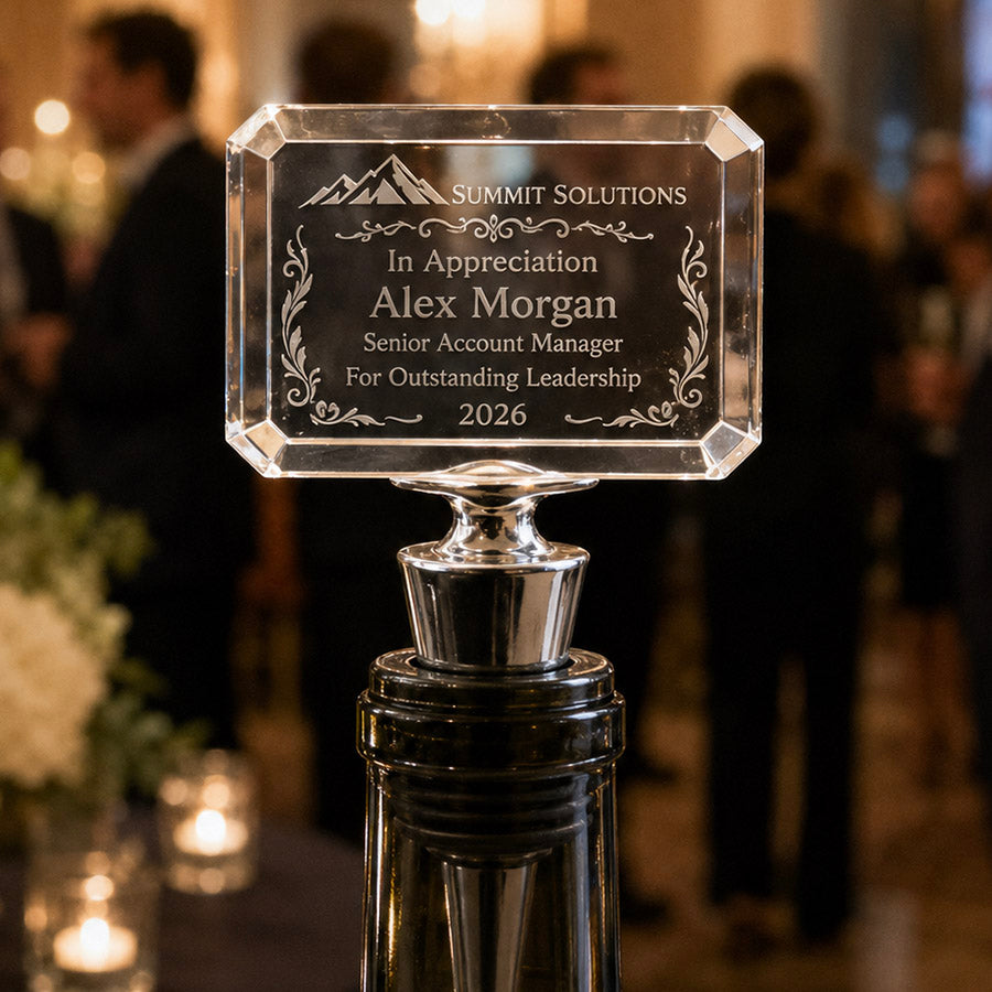 Personalized crystal wine stopper engraved with Summit Solutions logo, Alex Morgan name, leadership appreciation message, and 2026 date -- lxi-context:leadership -- lxi-context:service-recognition -- lxi-context:corporate