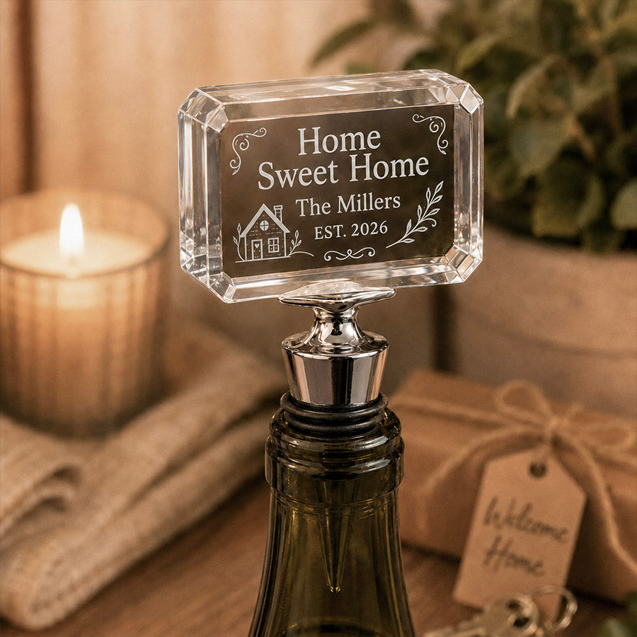 Personalized crystal wine stopper engraved with Home Sweet Home, Miller family name, established date, and housewarming design -- lxi-context:house-warming